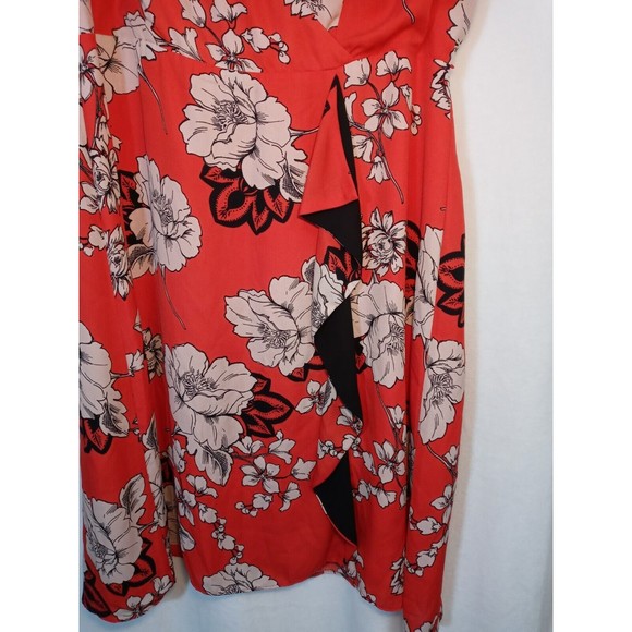 Adrianna Papell Red Floral Mock Wrap Midi Dress Ruffle Short Sleeves Size 16W - Picture 5 of 14